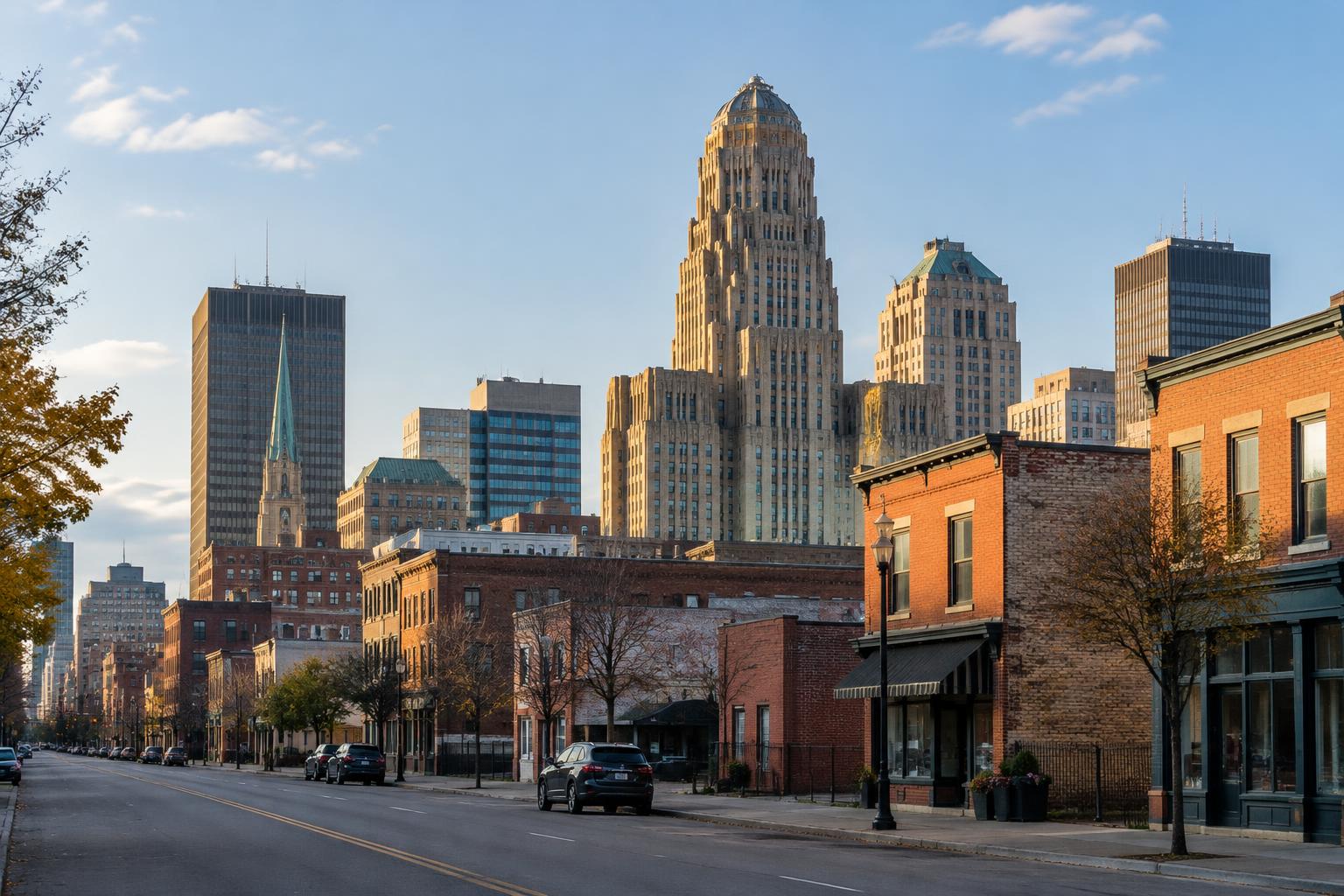 Illustrative view of Buffalo's City Hall and neighborhood buildings